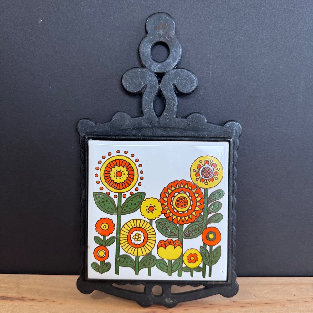 1960s Metal Title Trivet Hot Plate Orange and Yellow flowers Boho Retro Kitchen